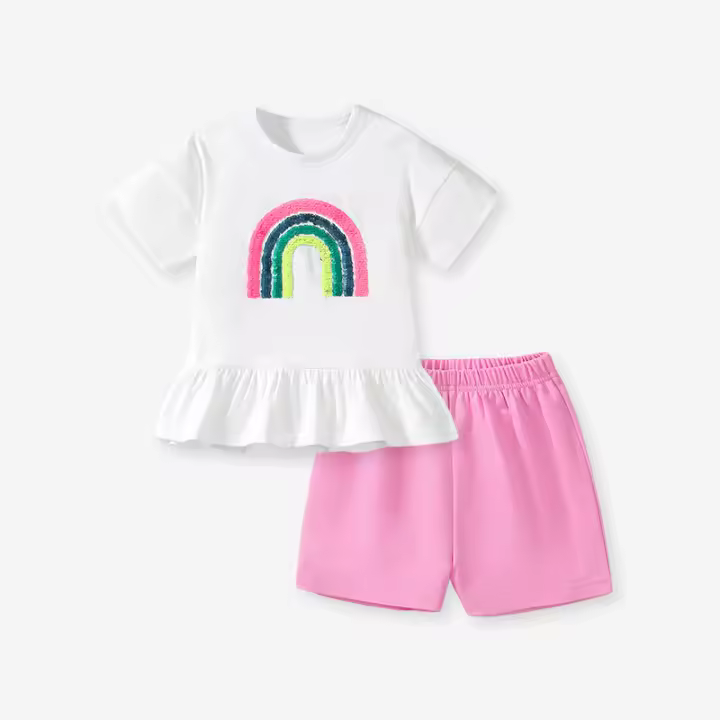 Nuevo traje para niños, ropa infantil linda de verano con arcoíris, traje de algodón puro para niñas - 1