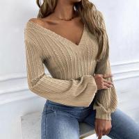 Tops mujer con cuello en V, camiseta manga abombada punto nuevo color caqui para mujer, ropa de moda japonesa. - details 1