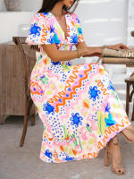 2025 Primavera / Verano Casual Bomisia Vacaciones Estilo Estampado Contraste Color Cuello en V Cintura alta Vestido de manga corta - details 17