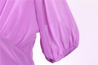 V neck women summer solid lantern short sleeve chiffon elegant vintage long party dress - details 45