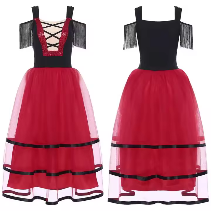 Vestido español mujer, vestidos baile Flamenco, mangas frías, vestido largo tul con bloques Color para bailar, disfraz fiesta - 1