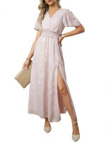 Vestido Maxi de Verano Elegante Cuello en V, Manga Abullonada, Cintura Alta, Encaje, Vestido de Moda para Mujeres con Abertura de Rodilla - details 12