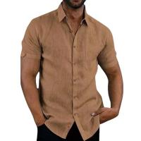 Camisas de Lino y Algodón para Hombre en Verano Pantalón Corto Informal, Camisas con Manga, Blusas Lisas con Cuello Giratorio, Camisas Formales de Playa - details 0