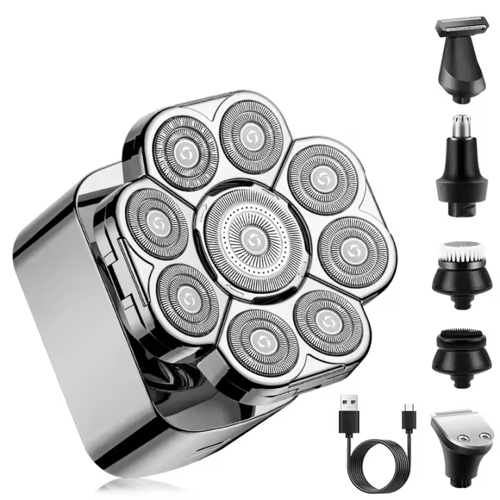 Afeitadoras eléctricas 9D para hombres calvos, afeitadoras de cabeza calva desmontables para hombres, kit de aseo para hombres 5 en 1, pantalla LED húmeda/seca, bloqueo de viaje inalámbrico recargable, maquinilla de afeitar eléctrica para hombres con - 1