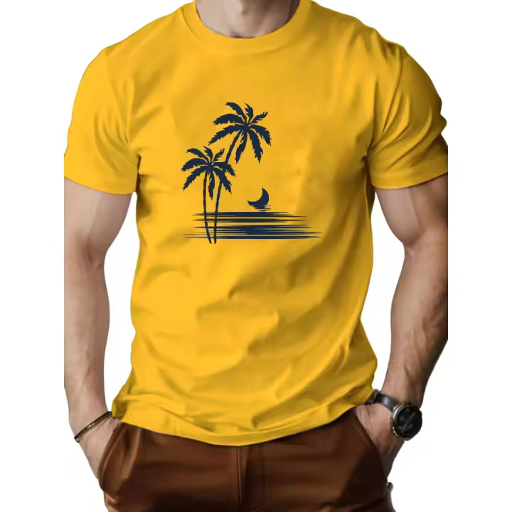 Camiseta casual de algodón de verano para hombre con gráfico de palmera y luna - Cuello redondo, manga corta, camiseta roja ligera y transpirable para atuendo informal, camiseta - 1