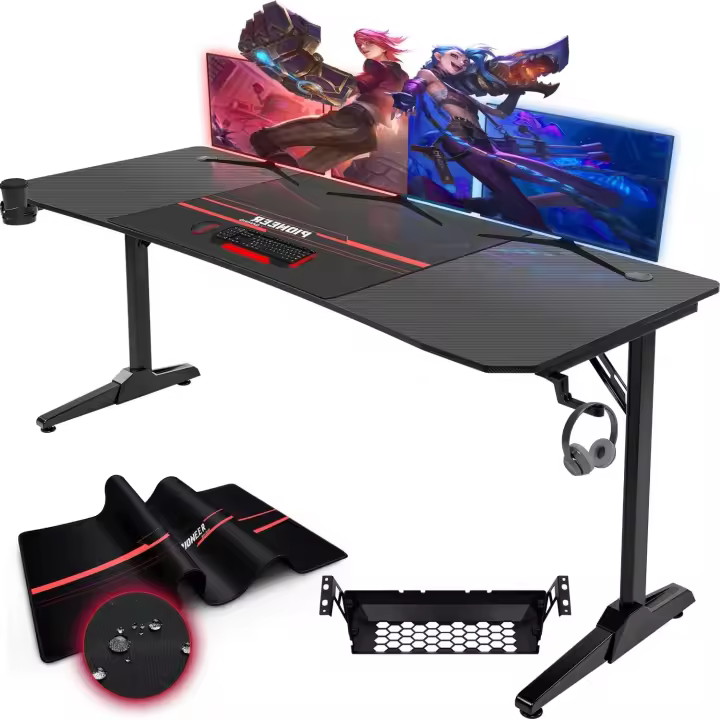 Mesa de 180 cm para Videojuegos, Mesa ergonómica para Ordenador, con Caja para Guardar Cables, Soporte para Bebidas y Soporte para Auriculares, en Forma de T (Negro, 180 x 70 x 75 cm) - 1