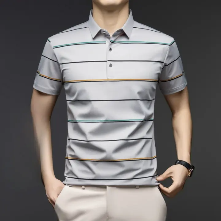 Polo de negocios, solapa grande, camiseta de alta gama, manga corta, nuevo top informal fresco de seda helada, camisa para papá - 1