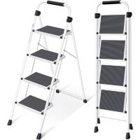 Escalera de Tijera Portátil de Acero 4 Peldaños, Barandilla Ancha Antideslizante, Carga hasta 150 kg, Uso en Hogar, Cocina, Oficina - details 0