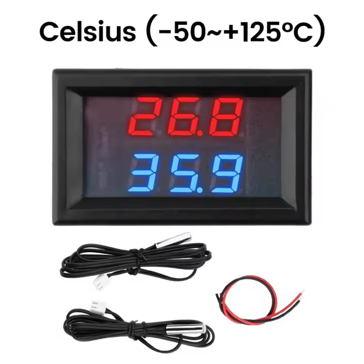 Termómetro digital doble de tres dígitos, sensor de temperatura de alta precisión, CC 5~80V-50~+125 ℃ , longitud del cable de 1m, rojo y azul - 1