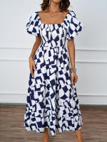 Vestido de manga de burbuja con falda mullida estampada con cuello de una línea de estilo nuevo de verano para mujer - details 6