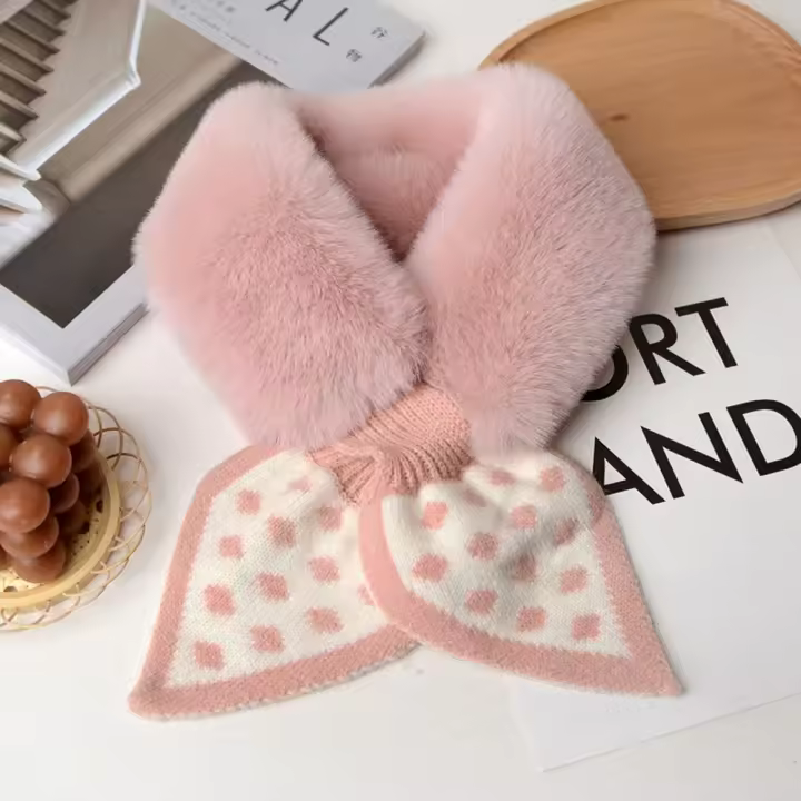 Bufanda suave y cálida para mujer, pañuelo de felpa con lazo, tejido de piel sintética de conejo, grueso, a prueba de viento, accesorios cruzados, Invierno - 1