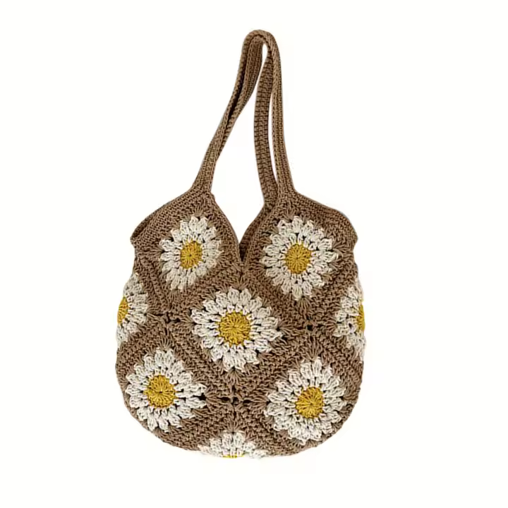 Bolso de mano floral de ganchillo tejido a mano de gran capacidad para mujer - Bolso de hombro beige de moda con diseño de margaritas blancas, perfecto para viajes, uso diario y salidas a la playa, bolso de mano de playa |   Bolso de moda |   Textura teji - 1