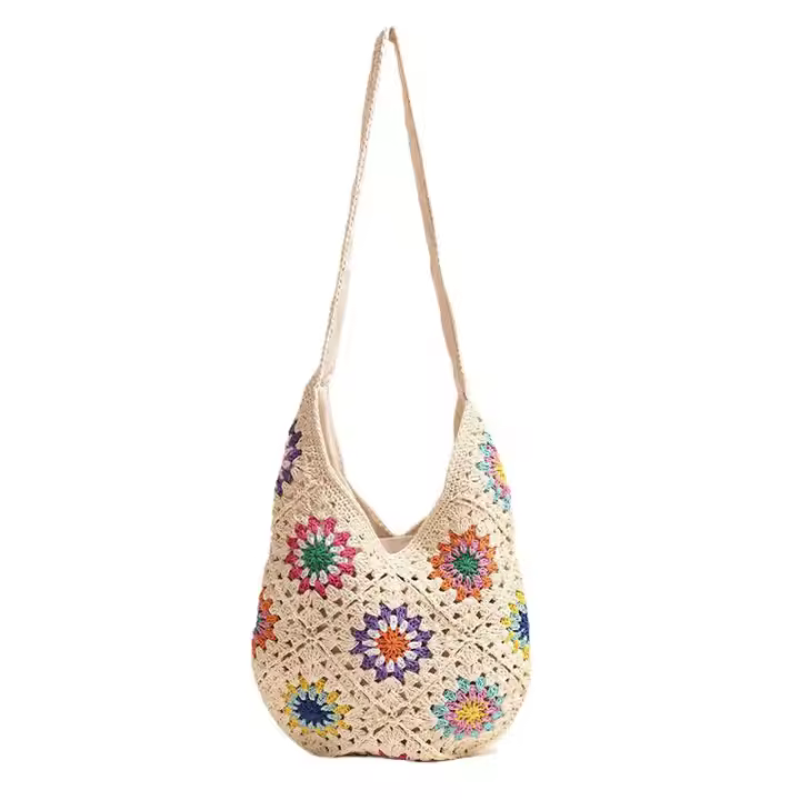 Bolso de algodón tejido con flores coloridas de estilo étnico, bolso de paja casual, bolso de playa para vacaciones, bolso de hombro de estilo perezoso - 1