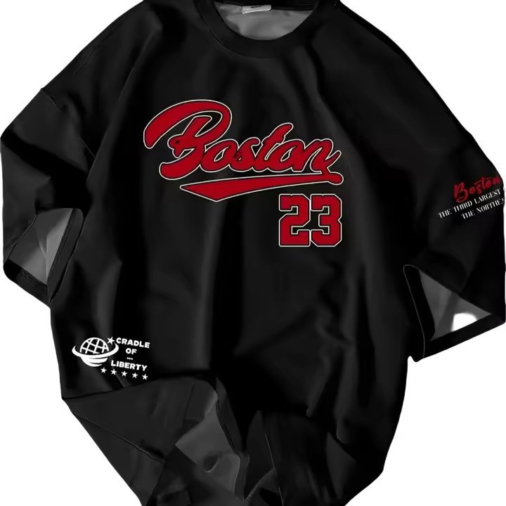 Camiseta Gráfica Casual Para Hombres Boston 23 Negro Manga Corta Cuello Redondo Ajuste Cómodo Deportiva Camiseta Gráfica De Estilo Casual - 1