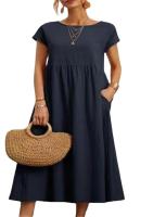 Vestido suelto sin mangas de algodón y cáñamo con bolsillo color sólido - details 4