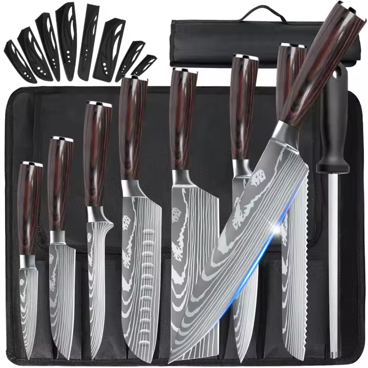 Juego de Cuchillos de Cocina MDSHAND Patrón de Damasco Láser, Acero de Carbono, 8 Piezas - 1