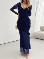 Vestido de malla con cuello en V, elegante y entallado, de manga larga para mujer, otoño invierno - details 19