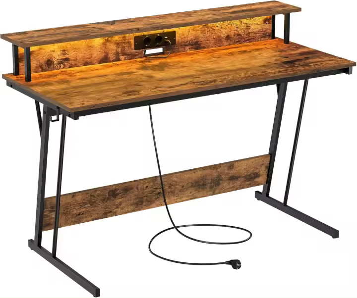 Mesa de Juegos con Luces LED y Tomas de Corriente Incorporadas Escritorio para 2 Monitores - 1