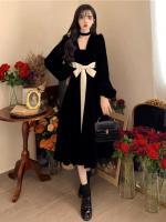 Vestido de terciopelo negro estilo francés Hepburn para mujer en otoño invierno, diseño corto y elegante y temperamento. Largo con cintura - details 3
