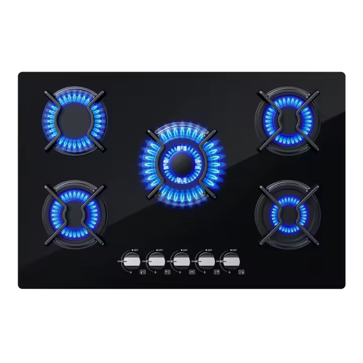 Placa de gas WEHIMO de 5 quemadores, 77 cm, empotrada en cristal, grosor 8 mm, color negro, con protección automática contra llamas, para gas natural o GLP, 10 500 W, 127-240 V - 1