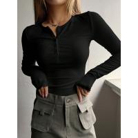Camisetas de manga larga para mujer, Tops de punto informales, ropa de calle de moda Y2K, camiseta de Color sólido con botones, Tops acanalados - details 11