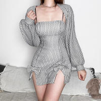 Vestido de rayas de cadera delgada de hombro recto con cinturón halter para mujer, nueva línea - details 4