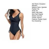 Bañador de una pieza con cuello en V para mujer, traje de baño, Monokini de Color liso con cordón, diseño plisado para surfear - details 1