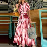 Vestido de mujer 2025, vestido veraniego a rayas bohemio, Vestidos con volantes de verano, VONDA, informal, holgado, con cuello de solapa, estampado, bata con cinturón de gran tamaño - details 2