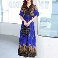 Casual bohemio estilo nacional con cuello en V cintura elástica gran Swing impreso verano Falda larga mujer vestido ropa - details 45