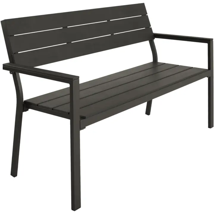 Banco de Jardín Moderno para Dos Personas, Estructura de Aluminio Resistente, Banco Jardin, Asiento de Poliestireno Efecto Madera, Ideal para Patio y Terraza Exterior - Oscuro - 1