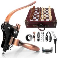 Set Sommelier Premium 9 Piezas Juego de accesorios para abridor de vino - Estuche Madera Vintage con Ajedrez, Accesorios Bronce Antiguo, Incluye Tirabuzón Doble + Dosificador Águila, Ideal para Regalos y Coleccionistas de Vino（Termómetro no incluido） - details 0