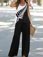 Conjunto de 2 piezas para mujer, tops y pantalones estampados, chaleco elegante, pantalones - details 3