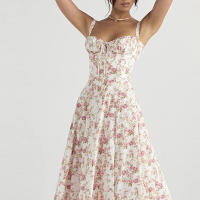 2025 primavera nueva ropa de mujer europea y americana impresa floral francesa sin espalda vestido dividido con tirantes delgados - details 3