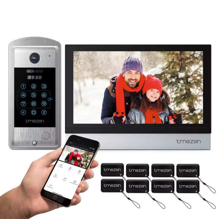 TMEZON WiFi Video Doorphone 10inch Touch Screen with 1080P Wired Doorbell 4 in1 APP/Password/Card Swipe/Monitor Tuya - 1