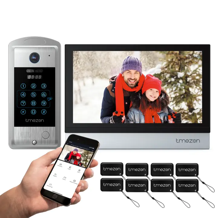 TMEZON WiFi Video Doorphone 10inch Touch Screen with 1080P Wired Doorbell 4 in1 APP/Password/Card Swipe/Monitor Tuya - 1