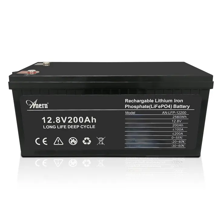 Batería LiFePO4 de 12V y 200Ah, batería de fosfato de hierro y litio Anern de 12,8 V, BMS integrado para inversor Solar para el hogar al aire libre - 1
