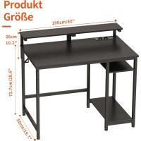 Mesa Escritorio con Puertos Type-C y USB, Escritorio de Ordenador con Soporte para Monitor, Estante de Almacenamiento Reversible y Ganchos, Escritorio Gaming, 100 CM, Negro - details 2