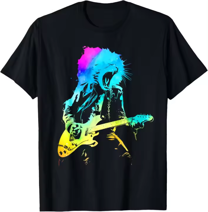 Colorido gato de roca tocando la guitarra divertido gato de guitarra hombres mujeres camiseta - 1