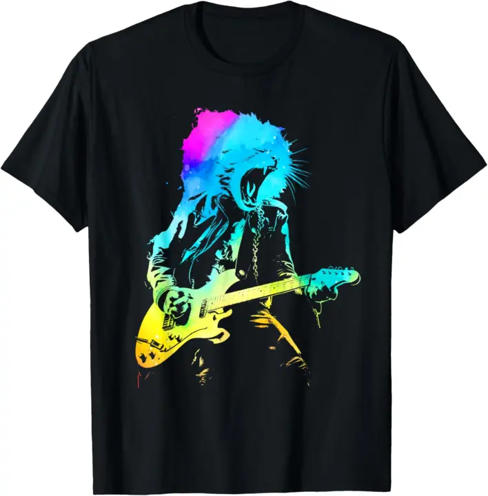 Colorido gato de roca tocando la guitarra divertido gato de guitarra hombres mujeres camiseta - 1