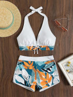 Conjunto de bikini con cuello en V para mujer, bañador Sexy con estampado Floral, traje de baño con cordones, traje de baño de 2 piezas de cintura alta - details 2