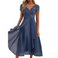 BUNO-Vestidos verdes azules, vestido veraniego para mujer, vestido elegante de fiesta con cuello en V, Vestidos de noche de gasa de encaje de manga corta, Vestido de verano de moda con cuello en V, pantalones cortos casuales, Vestidos de manga para mujer - details 1