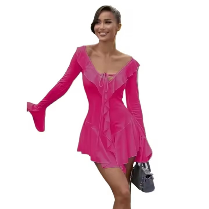 Vestido blanco con volantes y escote en V profundo, adecuado para mujer, camping de manga larga, falda corta para fiesta en la playa - 1