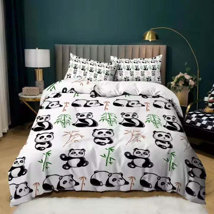 Juego de cama con estampado de Panda para niños y niñas, funda de edredón con fundas de almohada, color blanco y negro, tamaño Queen - 1