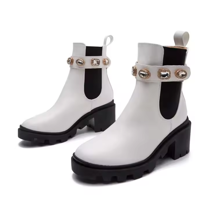 Botas de cuero de invierno 2024 con correa de diamantes de agua, tacón grueso, botines con plataforma, fabricante de calzado para mujer - 1
