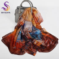 BYSIFA 4 momme Bufanda larga de seda 100% para mujer Elegante diseño de flor de magelia rosa púrpura Gasa de verano Mantón de protección solar ultralargo Envolturas de playa para cubrir con embalaje de regalo - details 11