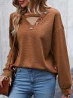 Suéteres con botones ahuecados y cuello en V para mujer, Jersey de punto, Top de Color sólido, suelto, informal, combina con todo, otoño - details 1