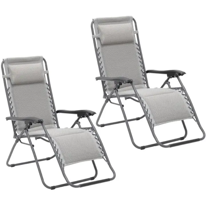 2 sillas Gravedad Cero Camping jardín y terraza, reclinables, Bloqueo de Seguridad, Estructura Acero Gris y Asiento Lona Oxford poliéster 3D Beige - 1