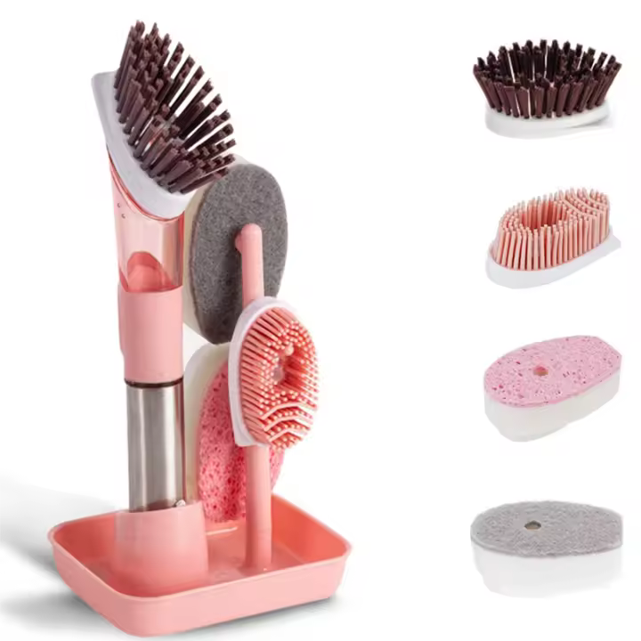 Cepillo de limpieza para platos, Juego de cepillos para dispensar jabón y 4 cabezales de repuesto, soporte de almacenamiento para plato, olla, fregadero, Rosa - 1