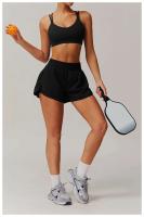 Yoga mujeres Fiess correr ciclismo transpirable deportes cintura alta entrenamiento gimnasio pantalones cortos bolsillo falso dos piezas - details 13