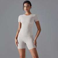 Chándal de cuello redondo para mujer, camiseta de ciclismo de secado rápido, ropa de entrenamiento transpirable, pantalones cortos deportivos para correr y gimnasio - details 5